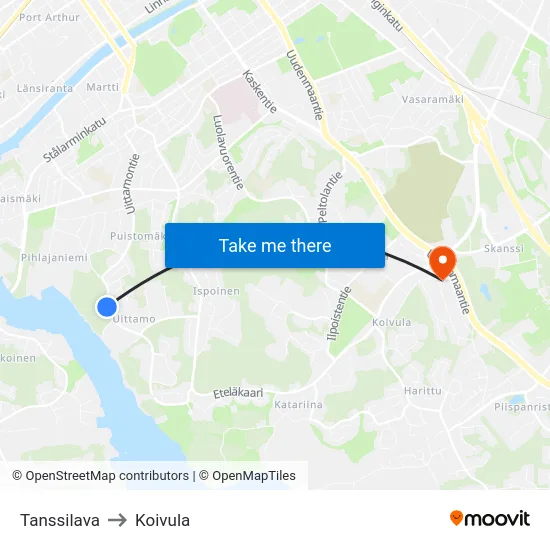 Tanssilava to Koivula map