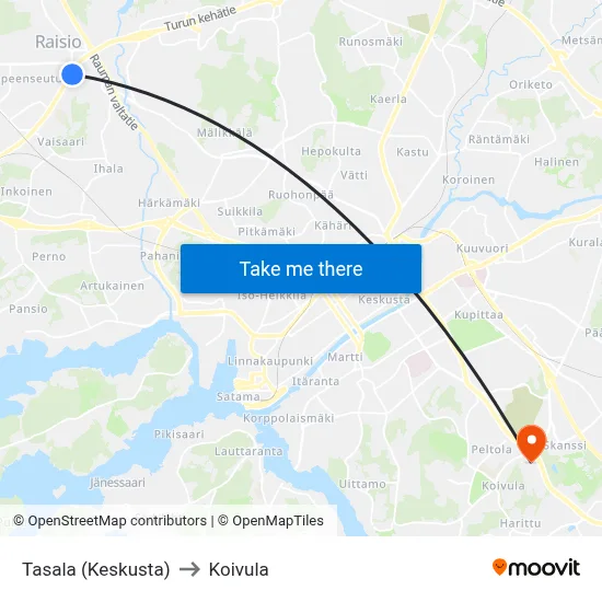 Tasala (Keskusta) to Koivula map