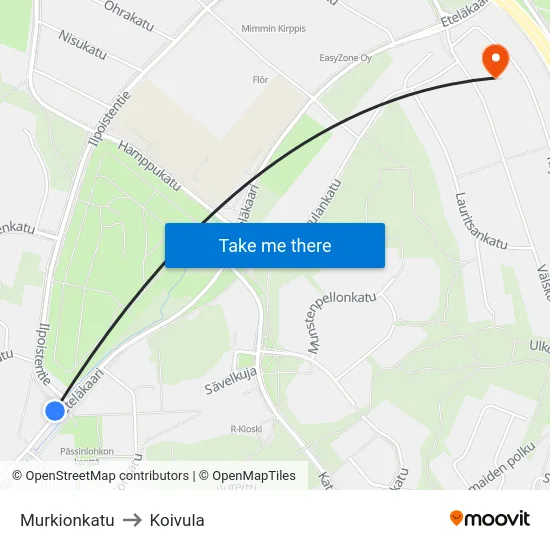 Murkionkatu to Koivula map