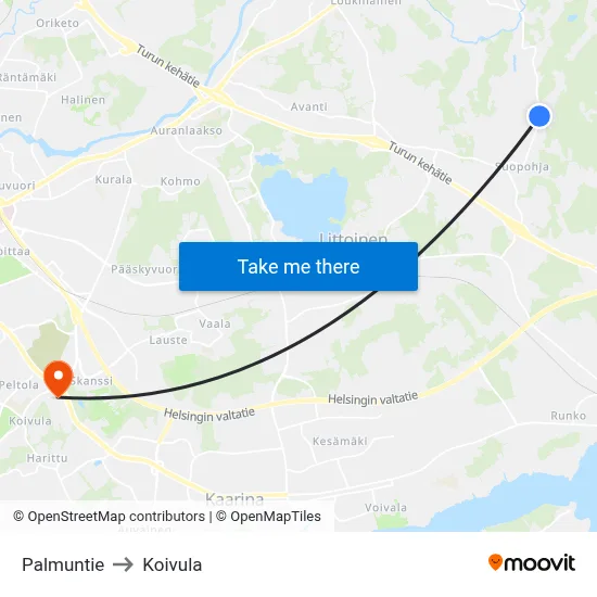 Palmuntie to Koivula map