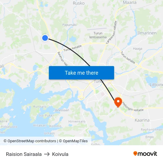 Raision Sairaala to Koivula map