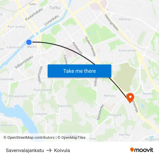Savenvalajankatu to Koivula map