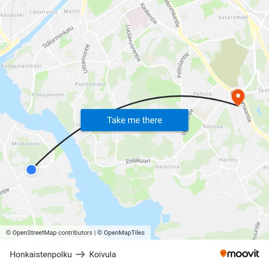 Honkaistenpolku to Koivula map