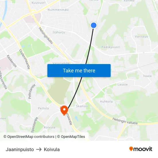 Jaaninpuisto to Koivula map