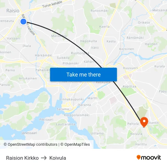 Raision Kirkko to Koivula map