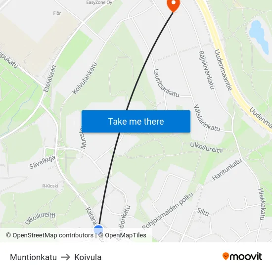 Muntionkatu to Koivula map