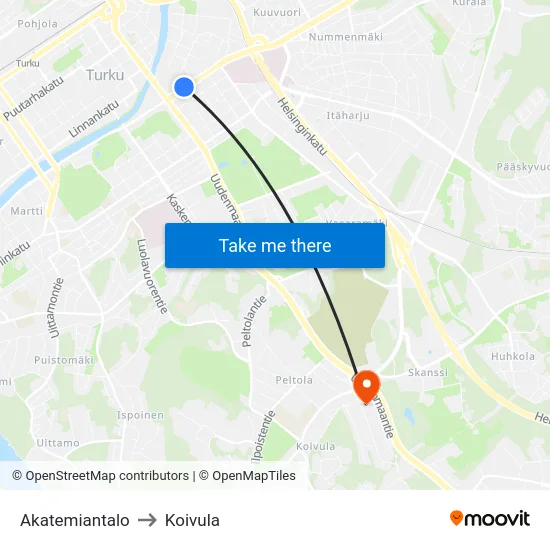 Akatemiantalo to Koivula map