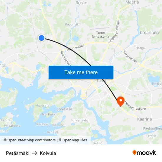 Petäsmäki to Koivula map