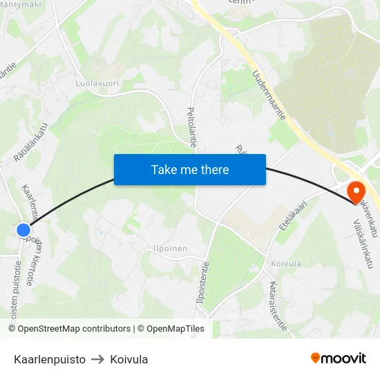 Kaarlenpuisto to Koivula map