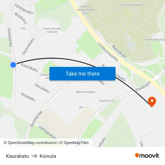 Kaurakatu to Koivula map
