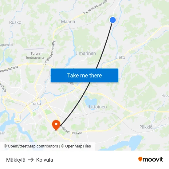 Mäkkylä to Koivula map