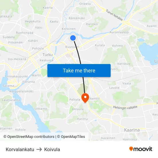 Korvalankatu to Koivula map