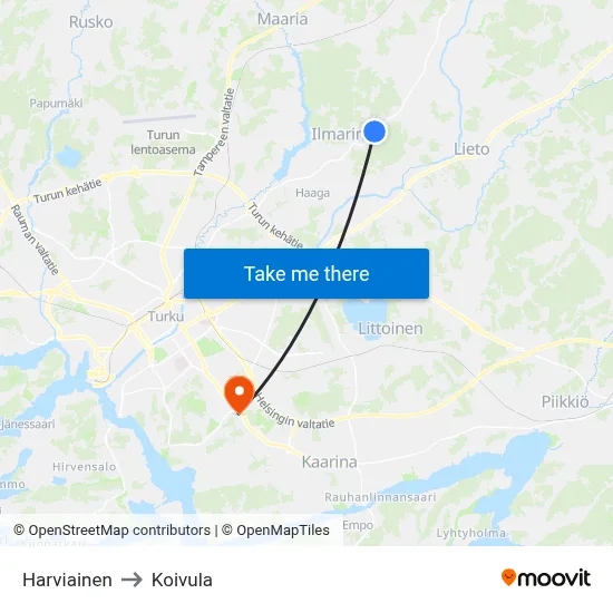 Harviainen to Koivula map