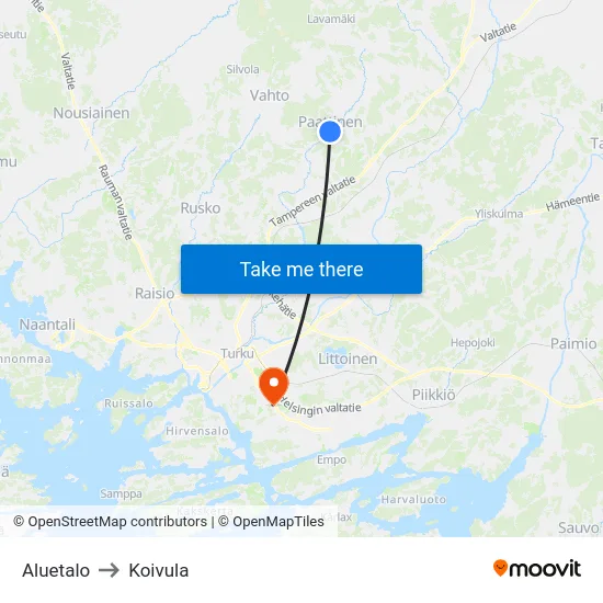 Aluetalo to Koivula map