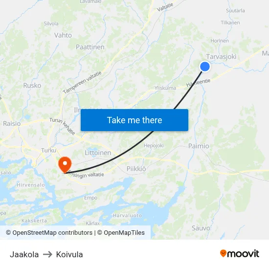 Jaakola to Koivula map