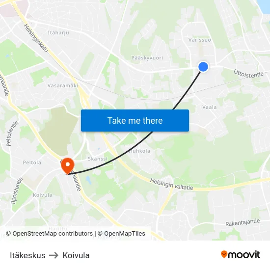 Itäkeskus to Koivula map