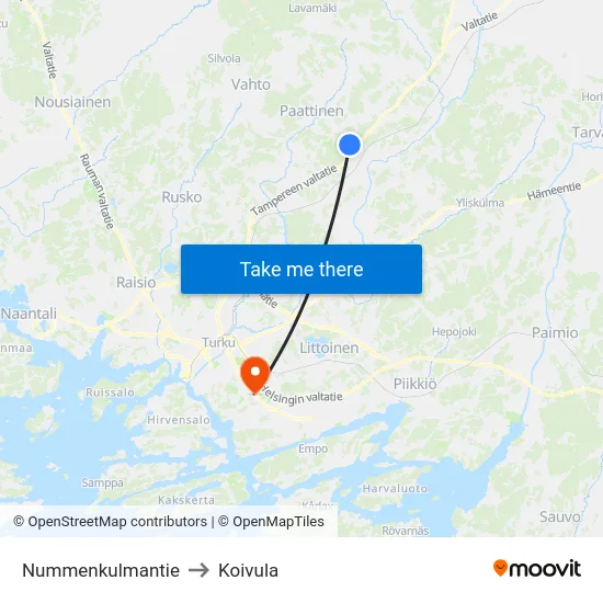 Nummenkulmantie to Koivula map