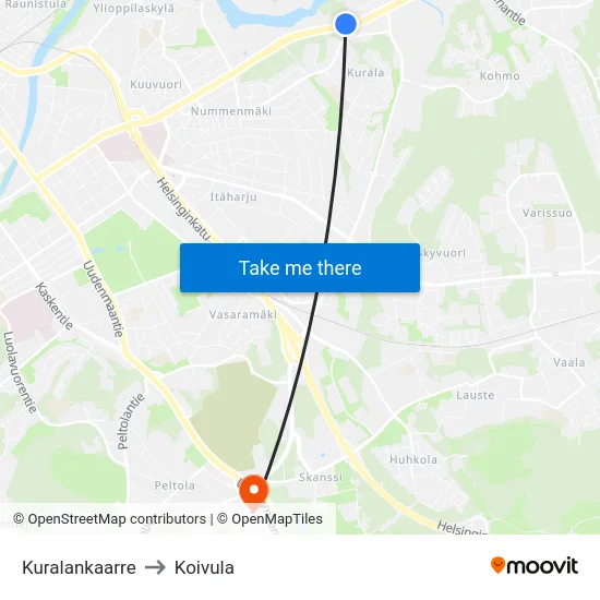 Kuralankaarre to Koivula map