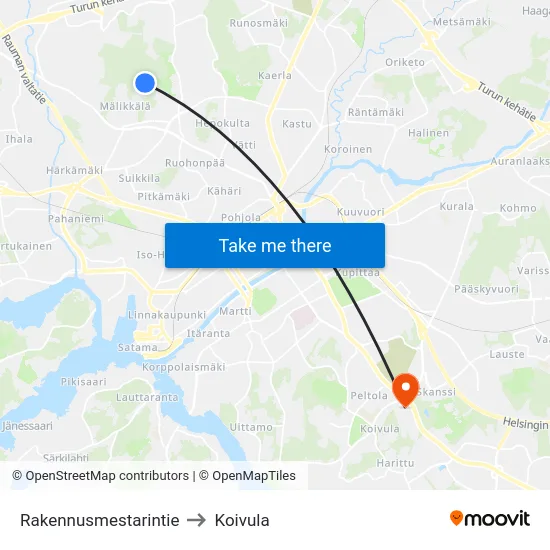 Rakennusmestarintie to Koivula map