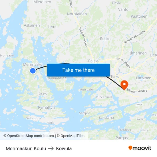 Merimaskun Koulu to Koivula map