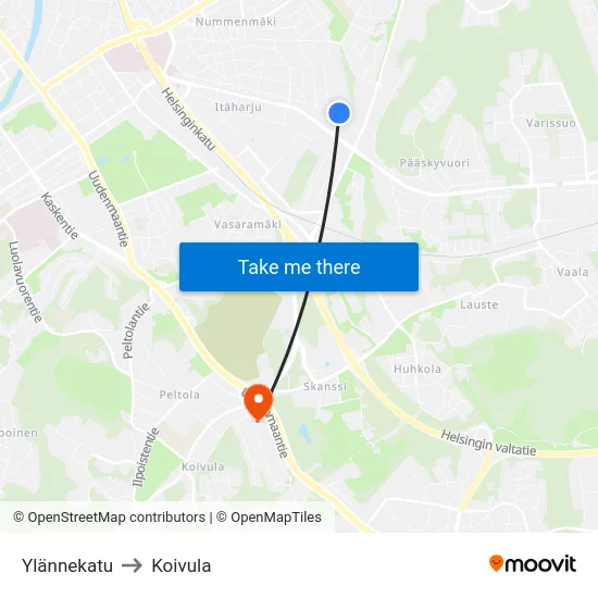 Ylännekatu to Koivula map