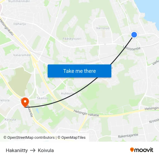 Hakaniitty to Koivula map