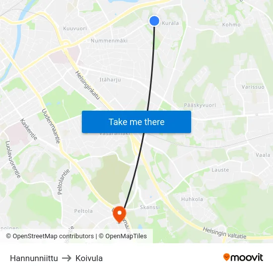 Hannunniittu to Koivula map