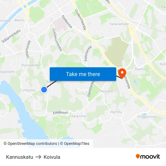 Kannuskatu to Koivula map