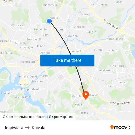 Impivaara to Koivula map