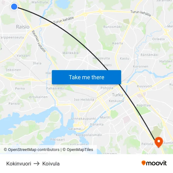 Kokinvuori to Koivula map