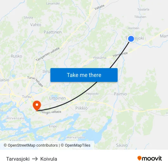 Tarvasjoki to Koivula map