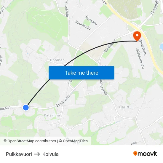 Pulkkavuori to Koivula map