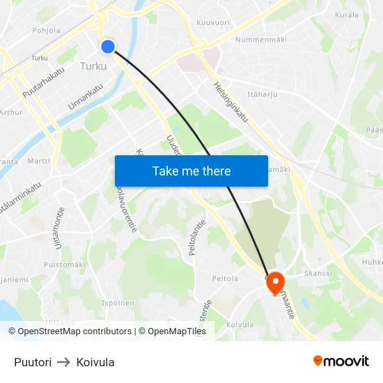 Puutori to Koivula map
