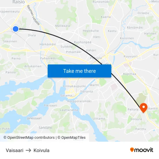 Vaisaari to Koivula map