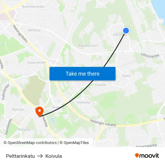 Pelttarinkatu to Koivula map