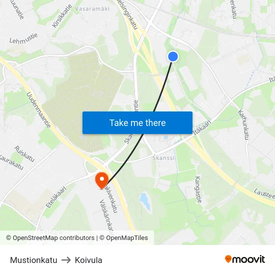 Mustionkatu to Koivula map