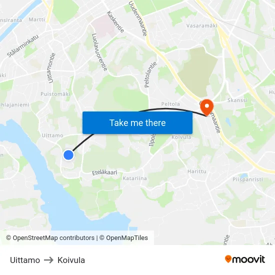 Uittamo to Koivula map