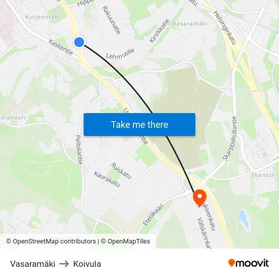 Vasaramäki to Koivula map