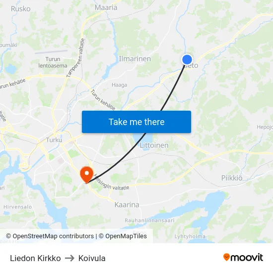 Liedon Kirkko to Koivula map