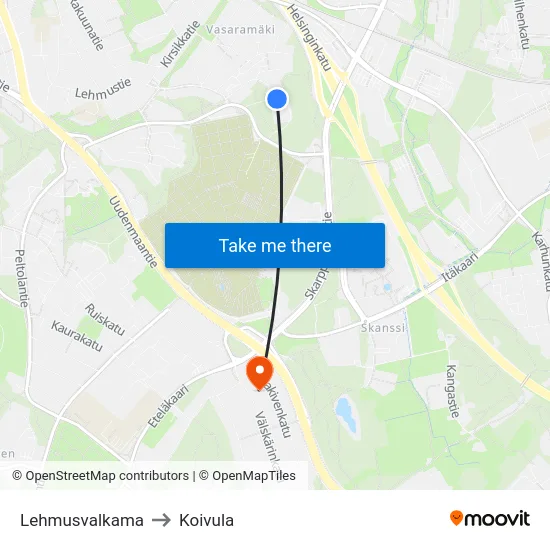 Lehmusvalkama to Koivula map