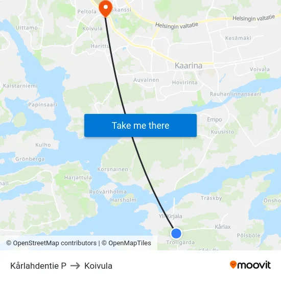 Kårlahdentie P to Koivula map