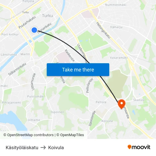 Käsityöläiskatu to Koivula map