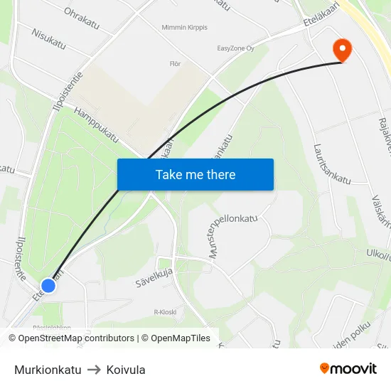 Murkionkatu to Koivula map
