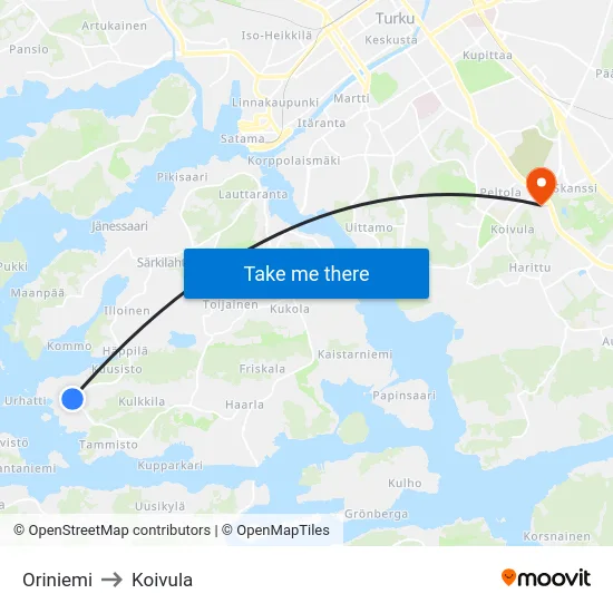 Oriniemi to Koivula map