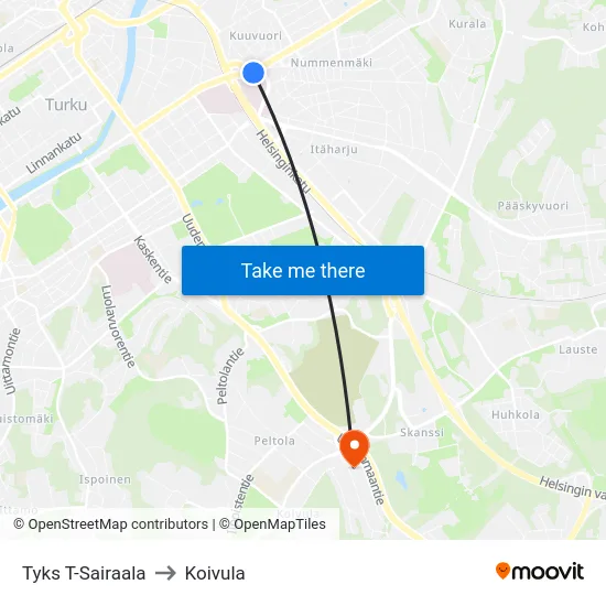 Tyks T-Sairaala to Koivula map