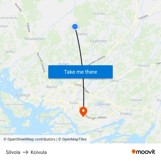 Silvola to Koivula map