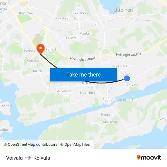 Voivala to Koivula map