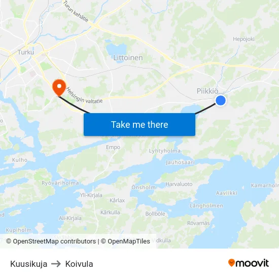 Kuusikuja to Koivula map