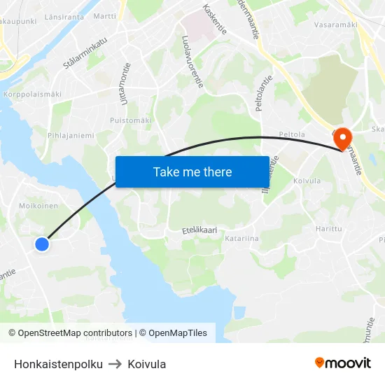 Honkaistenpolku to Koivula map