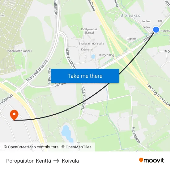 Poropuiston Kenttä to Koivula map